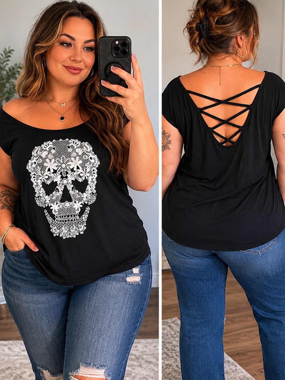 Warehouse One Plus Size Black Skull Graphic Crisscross Back Top 4X